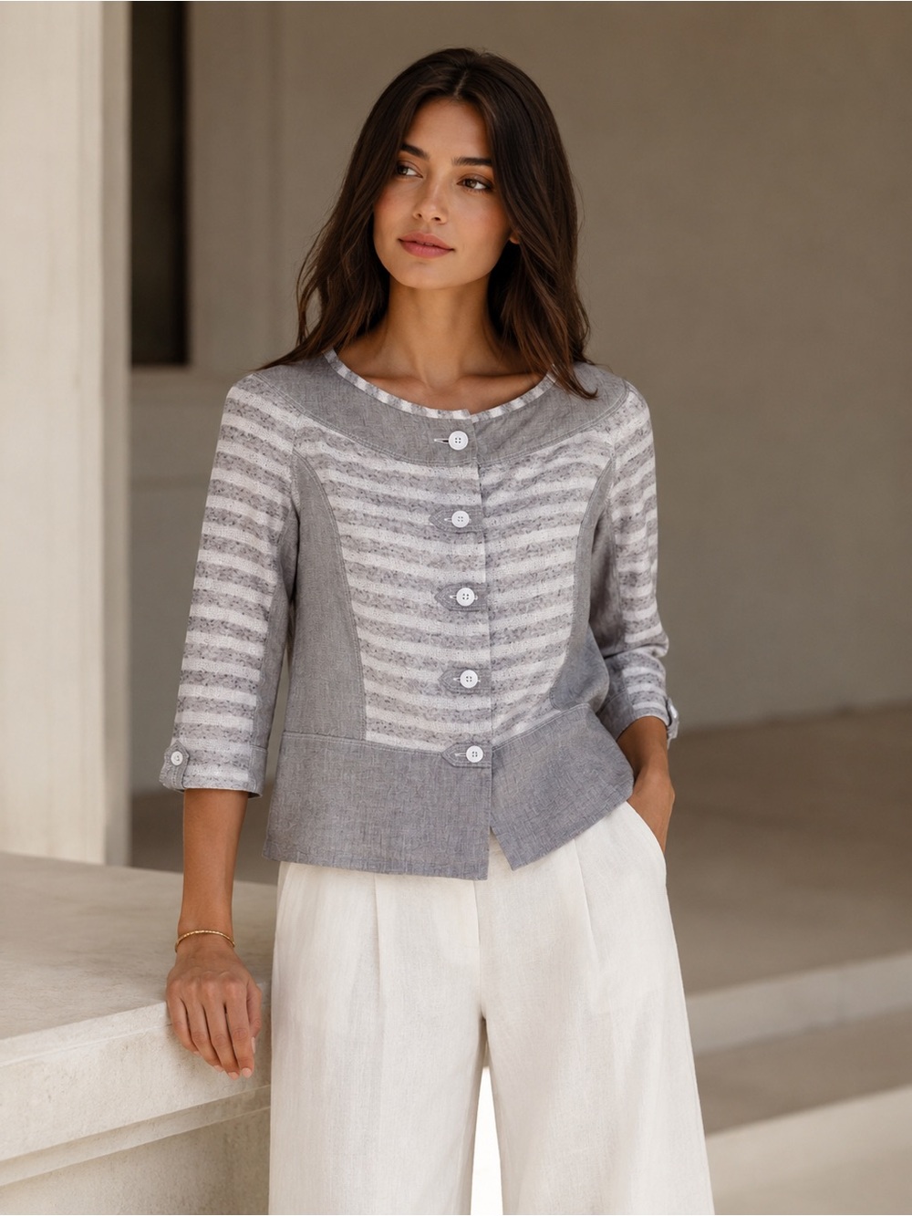 Lightweight Gray Linen Top with Button-Front Detail